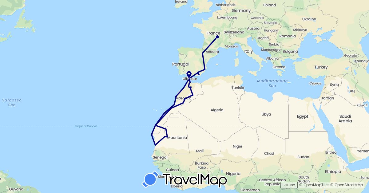 TravelMap itinerary: driving in Spain, France, Morocco, Mauritania (Africa, Europe)